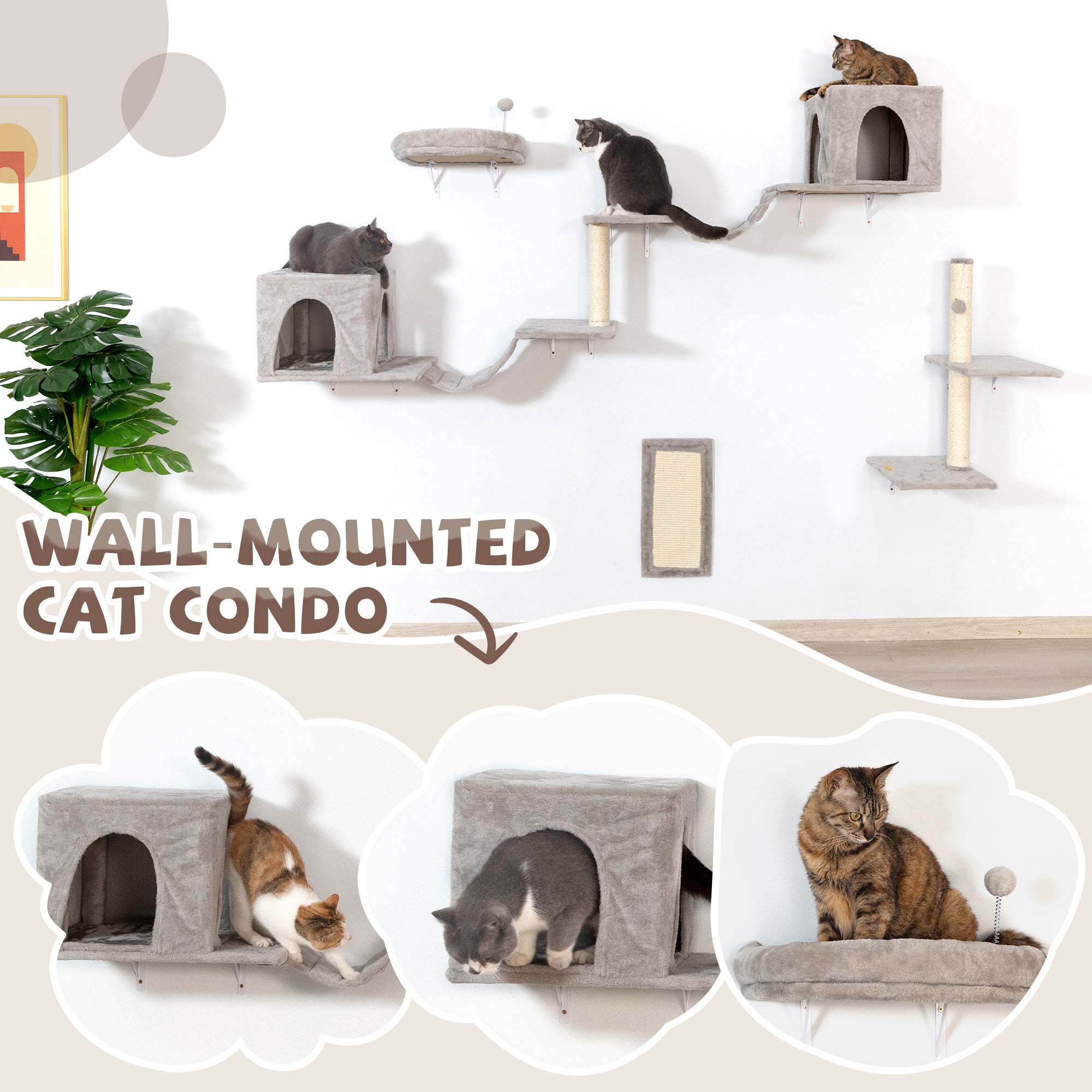 Cat Wall Furniture, Sturdy and Safe 8 in 1 Cat Wall Shelves, Fashion Unique Wooden Cat Climber with Cat Condo, Scratching Board, Bridge & Tree, Gray