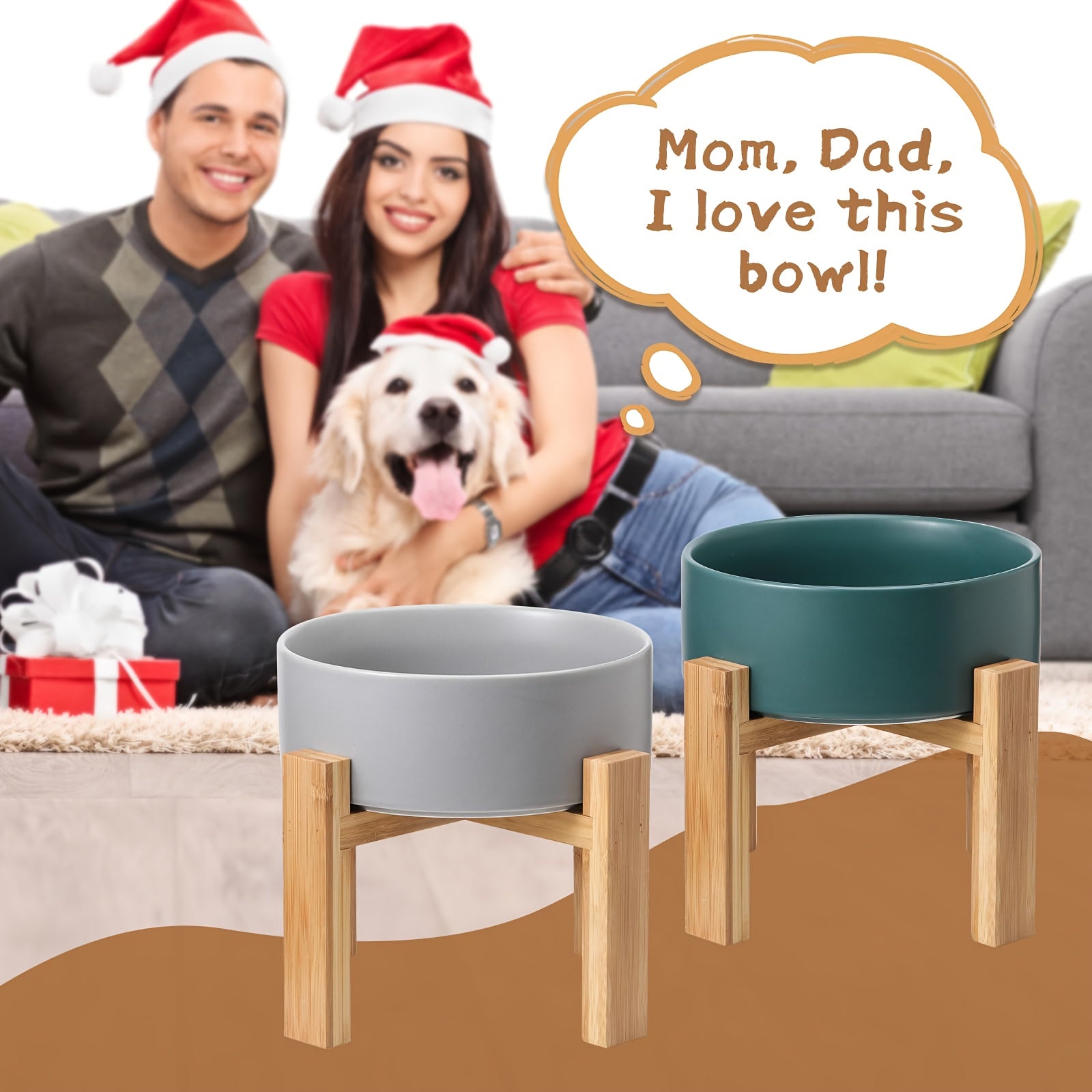 AHX Elevated Ceramic Dog Bowl with Bamboo Stand - Heavy-Duty Raised Dog Dish, No-Tip Design, 8, 4\