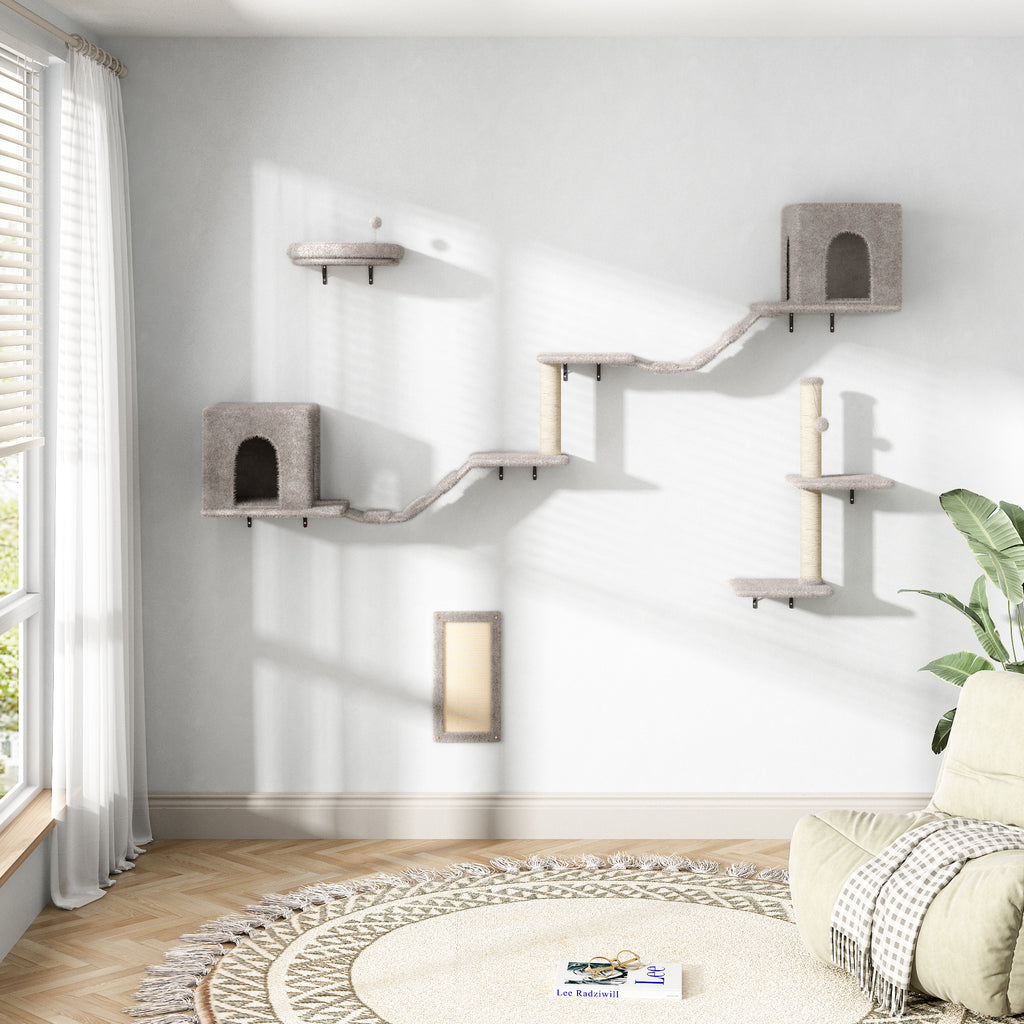 Cat Wall Furniture, Sturdy and Safe 8 in 1 Cat Wall Shelves, Fashion Unique Wooden Cat Climber with Cat Condo, Scratching Board, Bridge & Tree, Gray