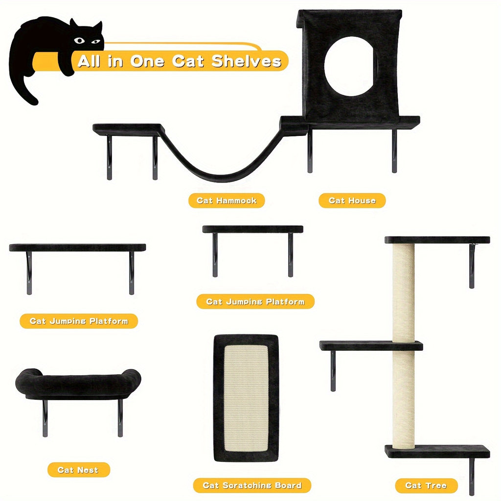 7pcs Wall Mounted Cat Furniture, 6pcs Cat Wall Furniture, Cat Climber With Cat House, Bridge, Tree, Steps, And Scratcher, Cat Walls Playground, Cat Shelves For Indoor Wall Furniture Set