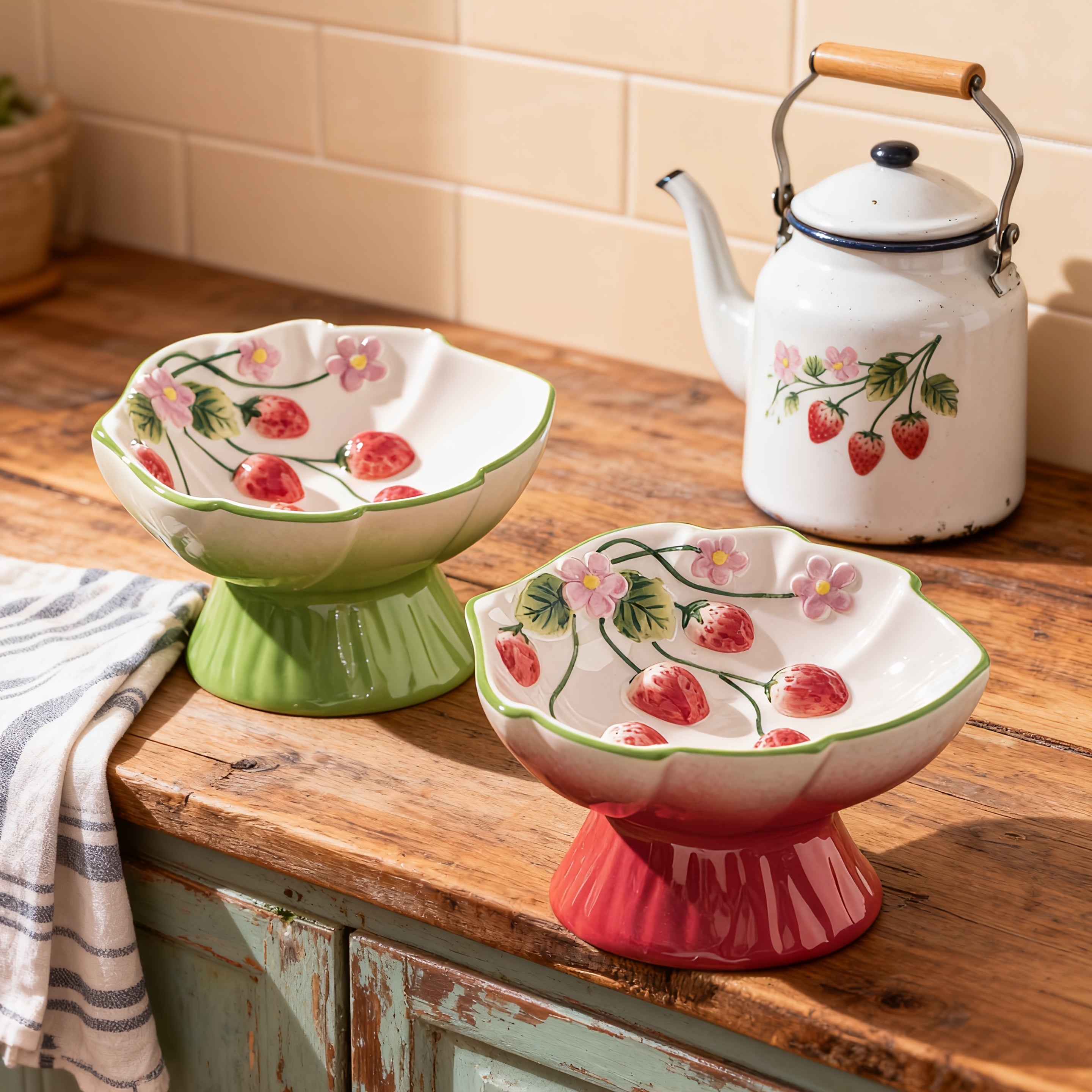 Elevated Ceramic Slow Feeder Cat Bowl for Food And Water with Raised Strawberry Design, Anti-Choke Spill-Proof, Neck Support, Pet Dish for Cats And Dogs, High Edge