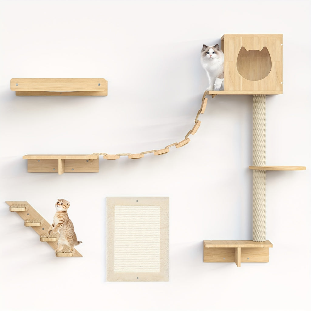 Cat Wall Shelves And Perches For Wall, Wooden Wall Mounted Cat Furniture, Set Of 5 Cat Wall Furniture, Cat Corridor, Cat House, Cat Plush Hammock, Scratching Board And Cat Climbing Shelves, Sturdy, Durable And Safe, Natural