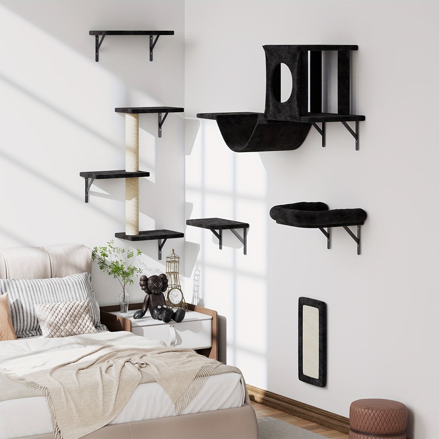 7pcs Wall Cat Shelf, 6pcs Deluxe Wall Mounted Cat Climbing Shelf Set, Indoor Cat Furniture, Includes 1 Cat Condo, 2 Cat Wall Shelves, 1 Cat Scratching Post, 1 Cat Bridge Ladder, Cat Tunnel, Suitable For Cats Of All Sizes
