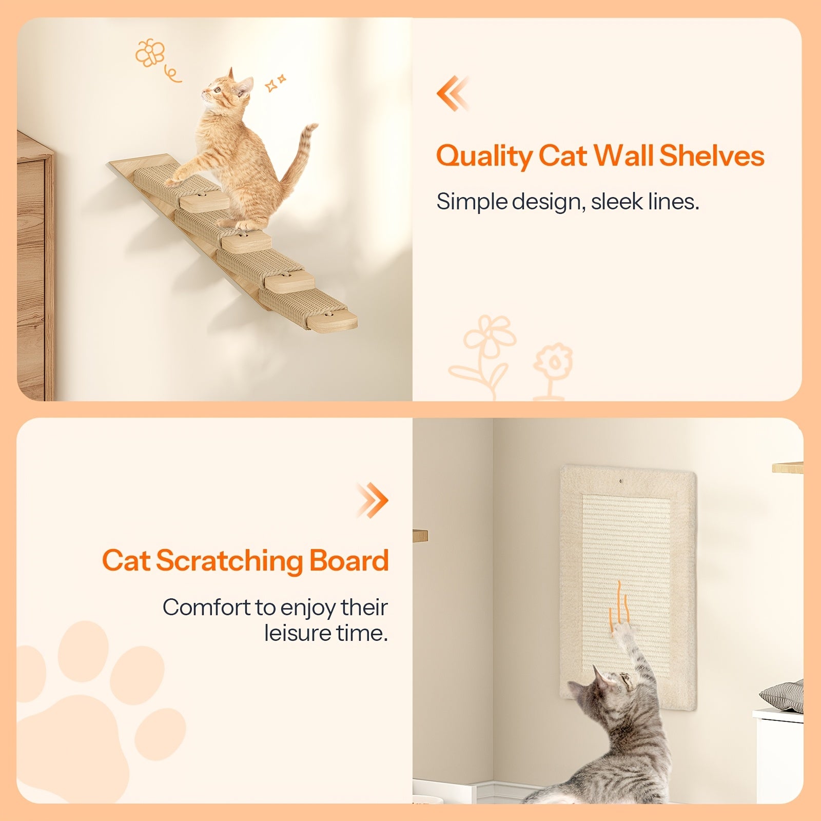 Cat Wall Shelves And Perches For Wall, Wooden Wall Mounted Cat Furniture, Set Of 5 Cat Wall Furniture, Cat Corridor, Cat House, Cat Plush Hammock, Scratching Board And Cat Climbing Shelves, Sturdy, Durable And Safe, Natural