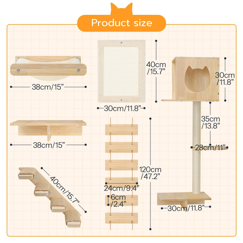 Cat Wall Shelves And Perches For Wall, Wooden Wall Mounted Cat Furniture, Set Of 5 Cat Wall Furniture, Cat Corridor, Cat House, Cat Plush Hammock, Scratching Board And Cat Climbing Shelves, Sturdy, Durable And Safe, Natural