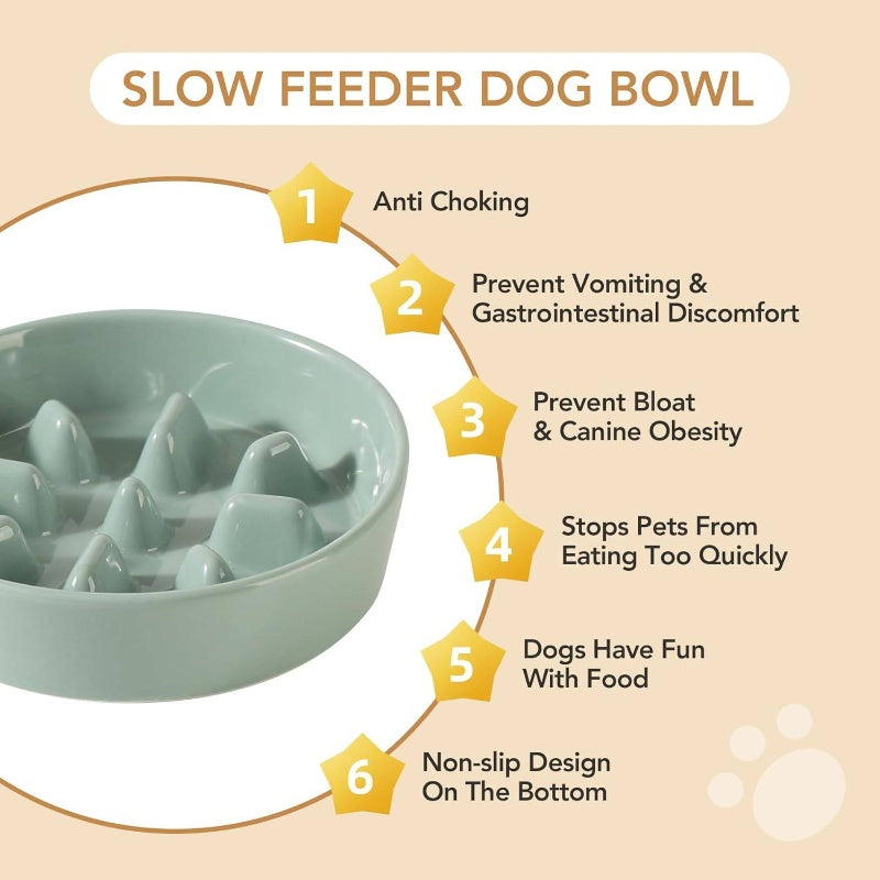 Ceramic Raised Slow Feeder Dog Bowl Set with Adjustable Height Wooden Stand - Elevated 5.1\
