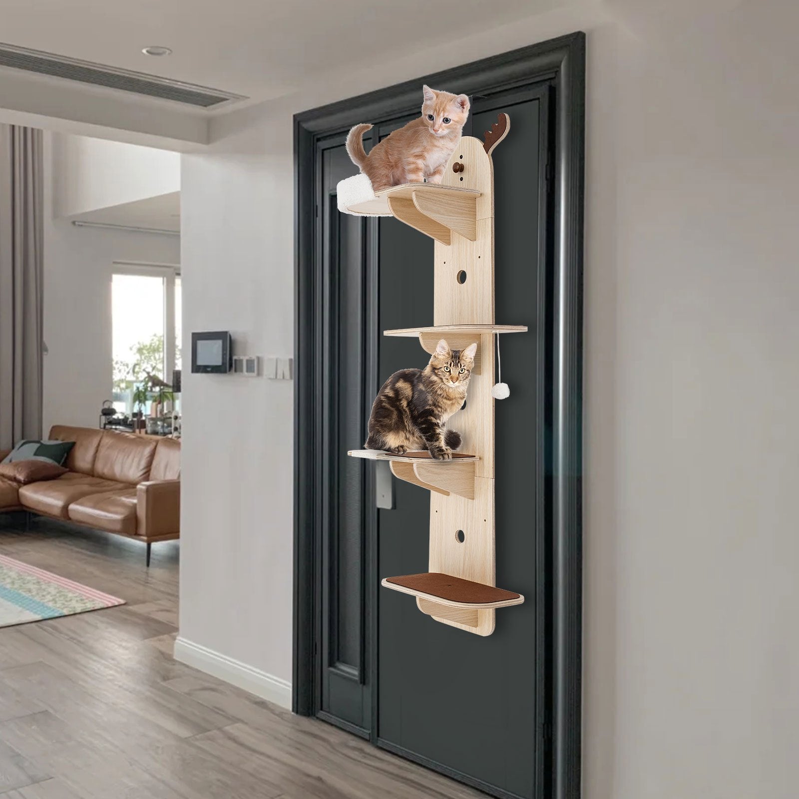 OUKANING 4-Tier Door-Mounted Cat Tree - Space-Saving Cat Shelf with Sisal Scratching Post, Multi-Level Climbing, DIY Assembly for Small Apartments, Modern Iron & Wood Cat Furniture for Kittens & Cats ( Install)