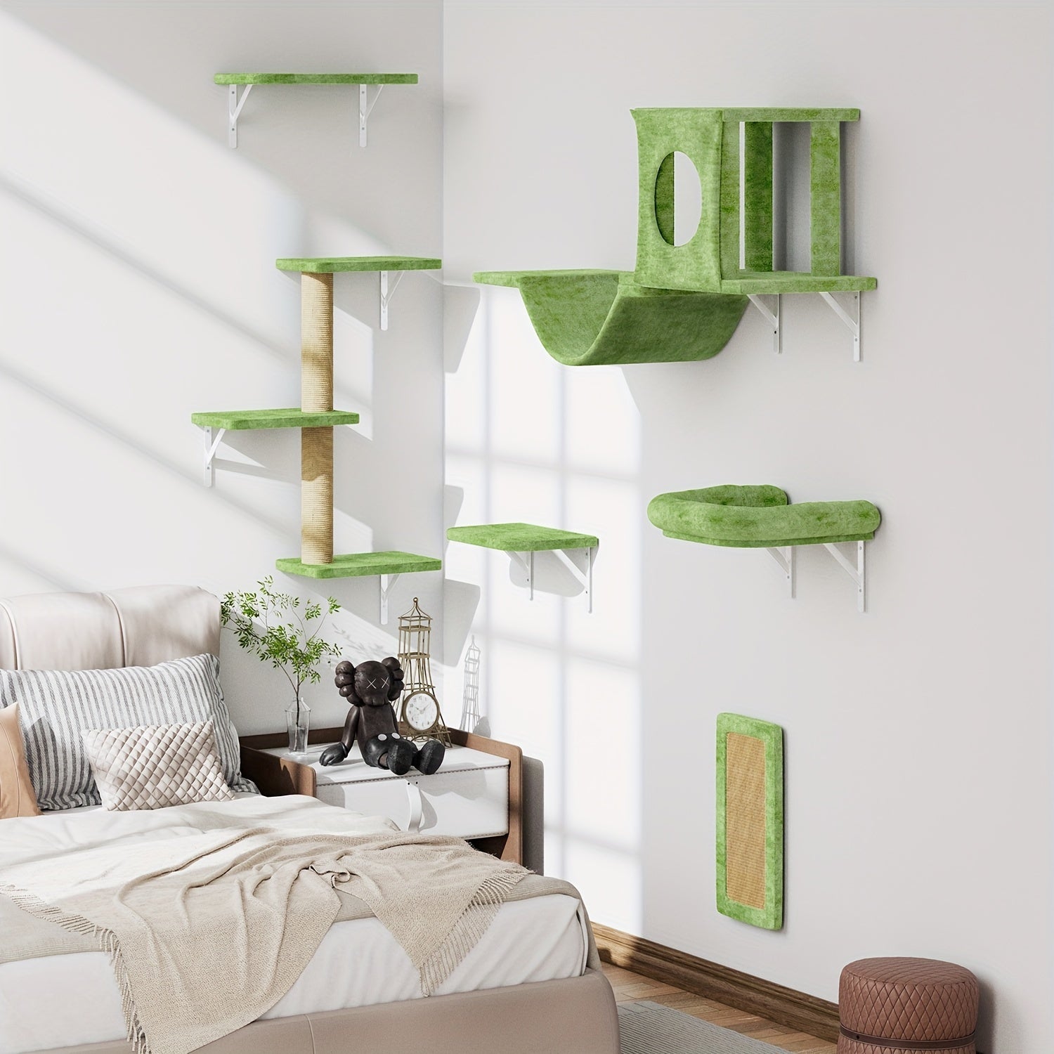 7pcs Wall Cat Shelf, 6pcs Deluxe Wall Mounted Cat Climbing Shelf Set, Indoor Cat Furniture, Includes 1 Cat Condo, 2 Cat Wall Shelves, 1 Cat Scratching Post, 1 Cat Bridge Ladder, Cat Tunnel, Suitable For Cats Of All Sizes