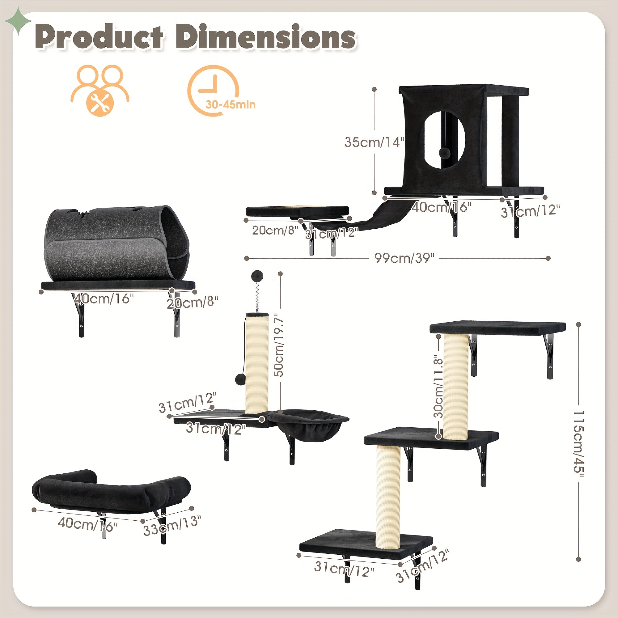 7pcs Wall Cat Shelf, 6pcs Deluxe Wall Mounted Cat Climbing Shelf Set, Indoor Cat Furniture, Includes 1 Cat Condo, 2 Cat Wall Shelves, 1 Cat Scratching Post, 1 Cat Bridge Ladder, Cat Tunnel, Suitable For Cats Of All Sizes