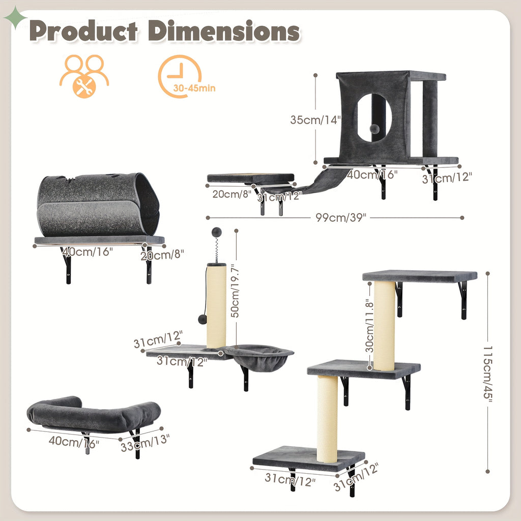 7pcs Wall Cat Shelf, 6pcs Deluxe Wall Mounted Cat Climbing Shelf Set, Indoor Cat Furniture, Includes 1 Cat Condo, 2 Cat Wall Shelves, 1 Cat Scratching Post, 1 Cat Bridge Ladder, Cat Tunnel, Suitable For Cats Of All Sizes