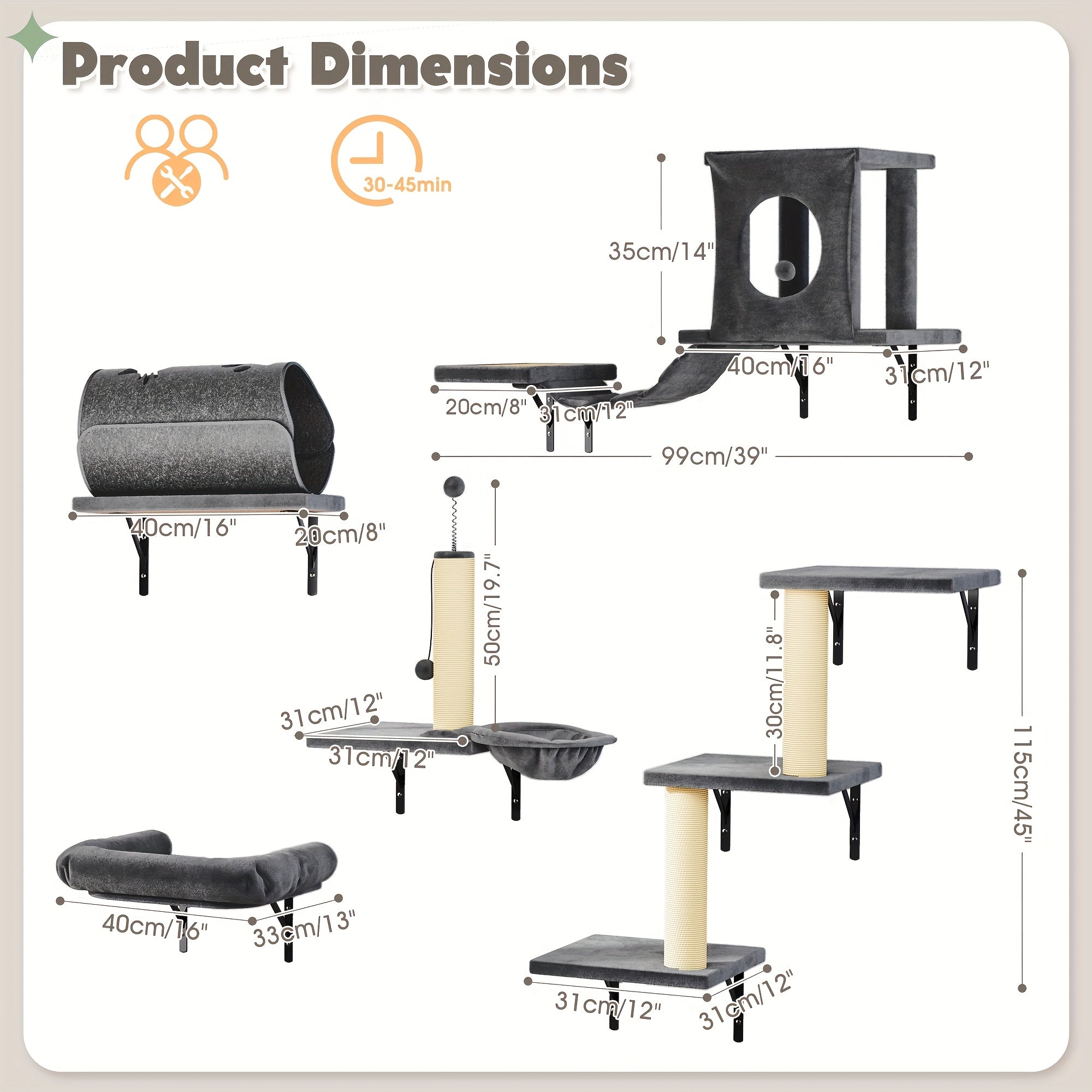 7pcs Wall Cat Shelf, 6pcs Deluxe Wall Mounted Cat Climbing Shelf Set, Indoor Cat Furniture, Includes 1 Cat Condo, 2 Cat Wall Shelves, 1 Cat Scratching Post, 1 Cat Bridge Ladder, Cat Tunnel, Suitable For Cats Of All Sizes