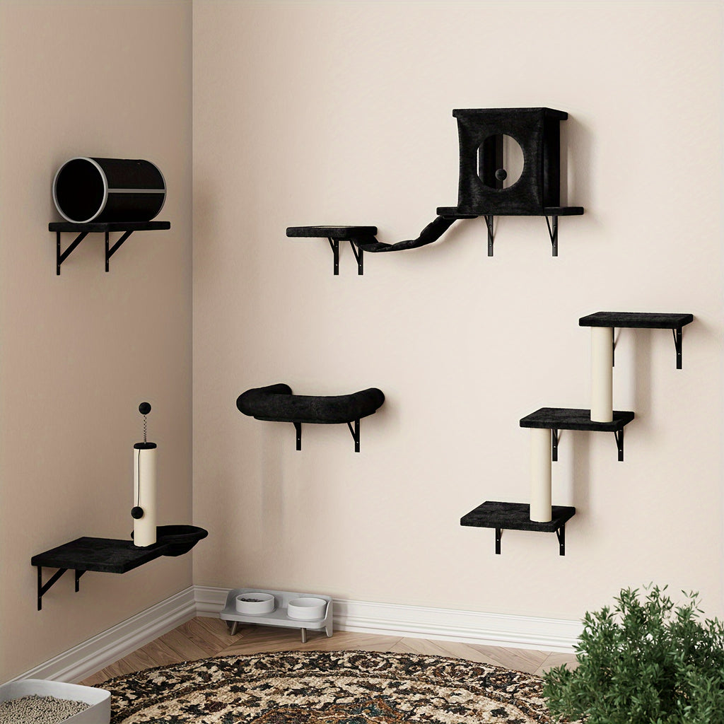 7pcs Wall Mounted Cat Furniture, 6pcs Cat Wall Furniture, Cat Climber With Cat House, Bridge, Tree, Steps, And Scratcher, Cat Walls Playground, Cat Shelves For Indoor Wall Furniture Set