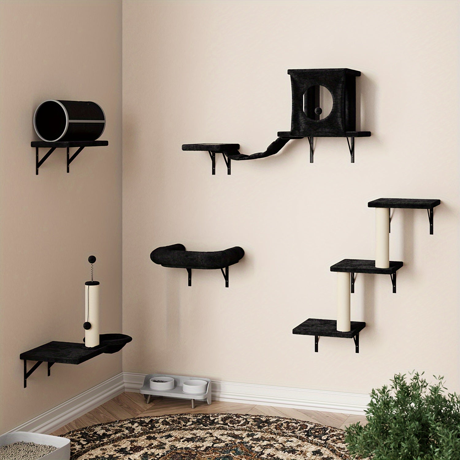 7pcs Wall Mounted Cat Furniture, 6pcs Cat Wall Furniture, Cat Climber With Cat House, Bridge, Tree, Steps, And Scratcher, Cat Walls Playground, Cat Shelves For Indoor Wall Furniture Set