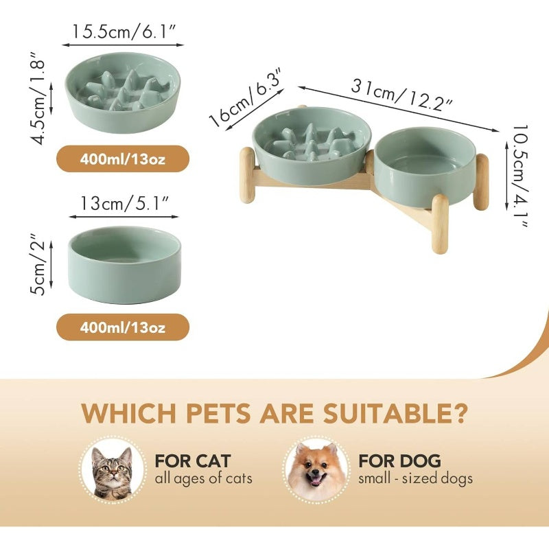 Ceramic Raised Slow Feeder Dog Bowl Set with Adjustable Height Wooden Stand - Elevated 5.1\
