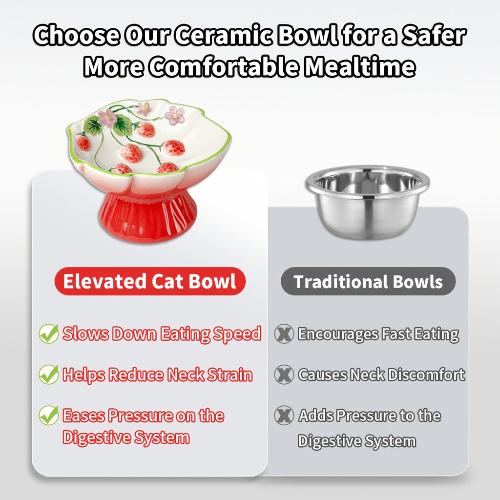 Elevated Ceramic Slow Feeder Cat Bowl for Food And Water with Raised Strawberry Design, Anti-Choke Spill-Proof, Neck Support, Pet Dish for Cats And Dogs, High Edge