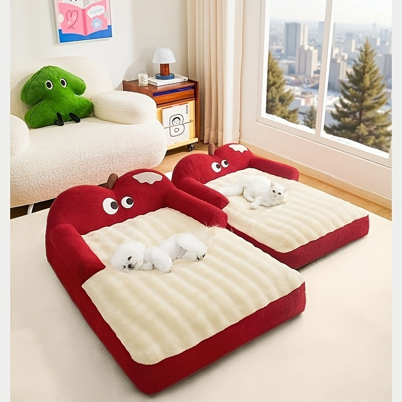 2pcs Apple Warm Bed + Blanket Universal Kennel Bed Removable And Washable Winter Warm Sleeping Cushion Cat Sofa