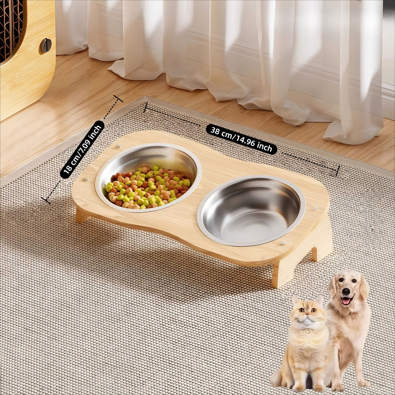 1\u002F2\u002F3 Bowls Solid Wood High Platform Cat And Dog Bowls, 15° Inclined Neck-Protecting Pet Feeder, Food And Water Bowl Set, Stainless Steel Bowls, Easy to Clean, Anti-Tipping, Suitable for Multi-Cat Households And Multi-Pet Households
